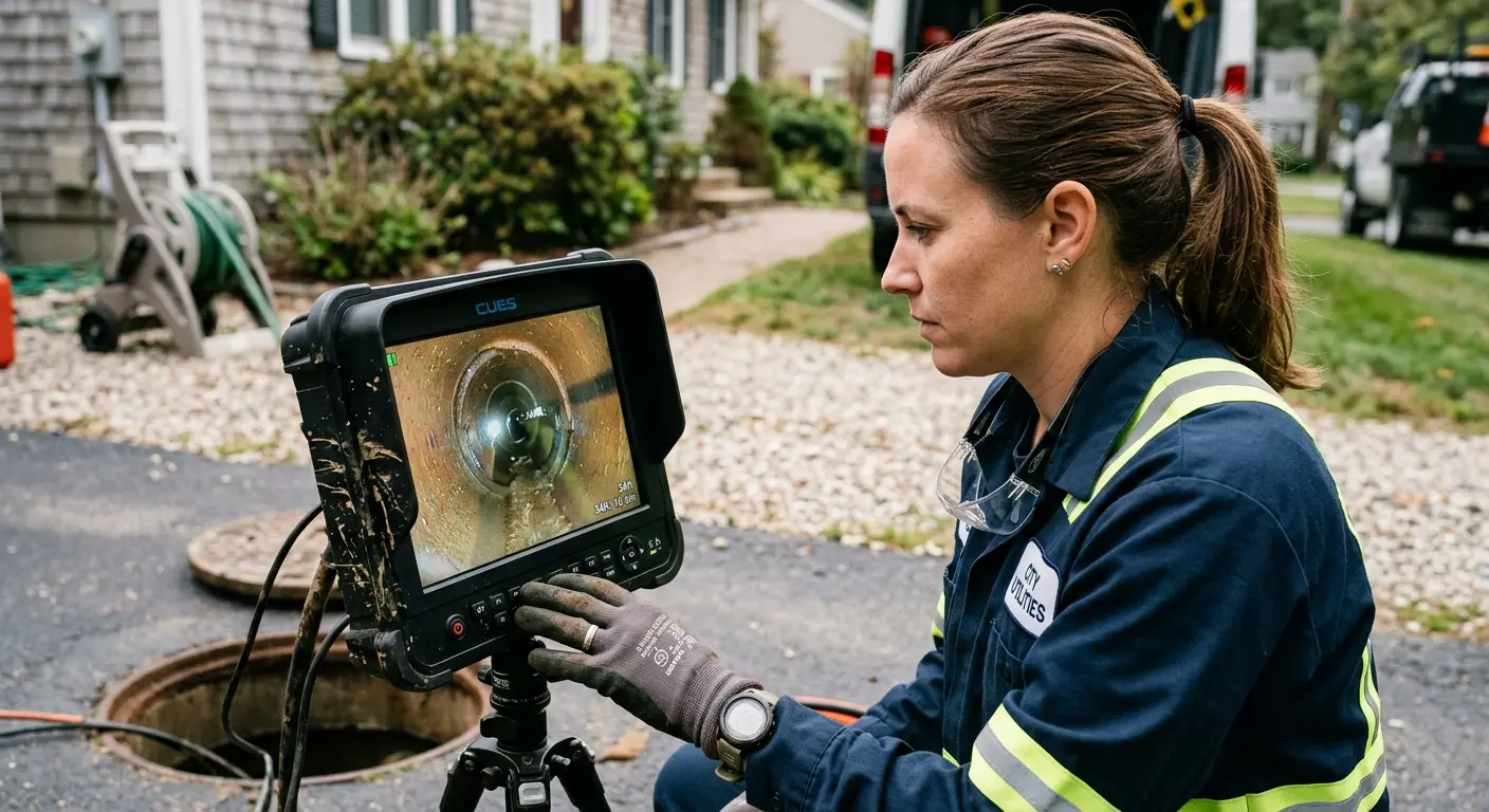 Technician reviewing sewer camera inspection footage in Haddam