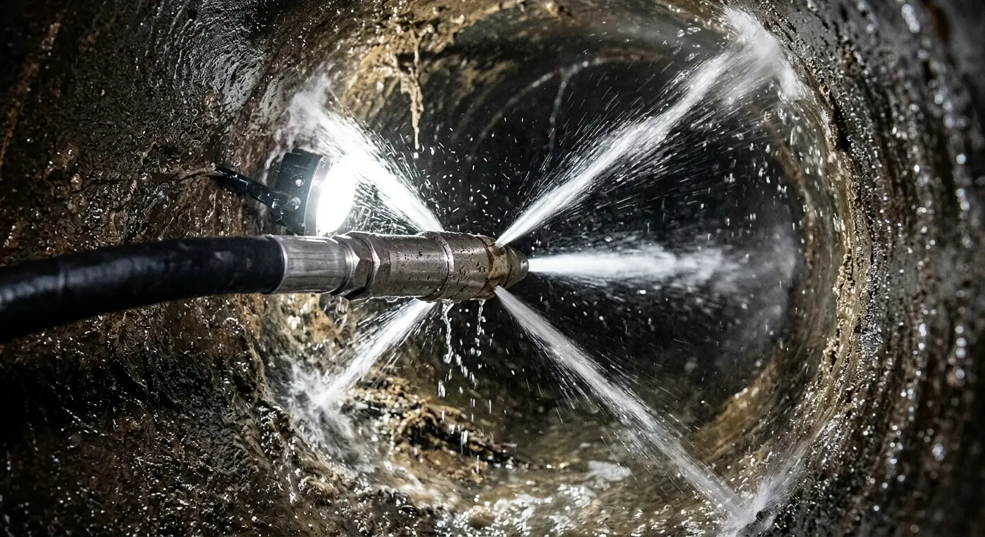 High-pressure hydro jetting nozzle cleaning sewer pipe for Sewer Cleanout in Haddam