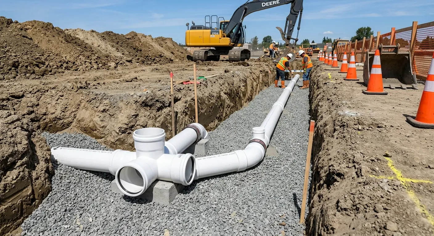 New PVC sewer pipe installation in open trench for Sewer Backup in Haddam