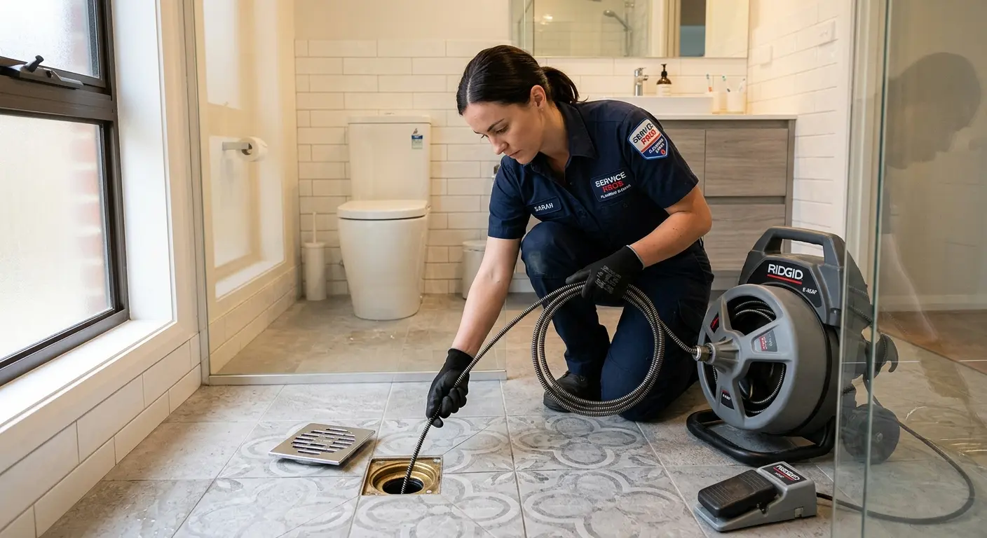 Technician clearing a bathroom floor drain for Drain Cleaning in Haddam